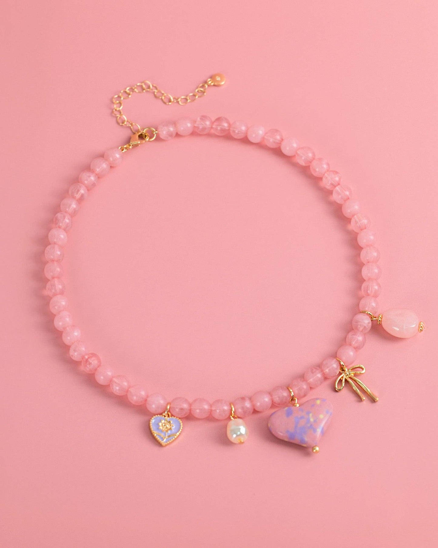 Pink Jade Marbled Valentine Heart Bead Necklace