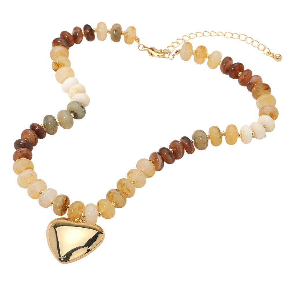 18K Gold Dipped Puffy Heart Pendant Chunky Resin Disc Beaded Necklace
