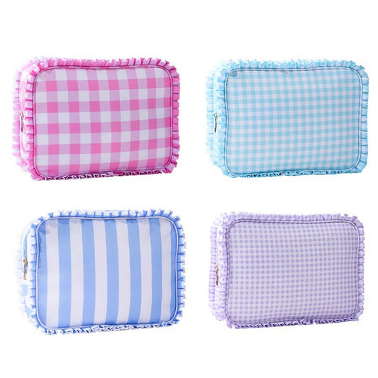 Ruffle Checker Striped Cosmetic Bag