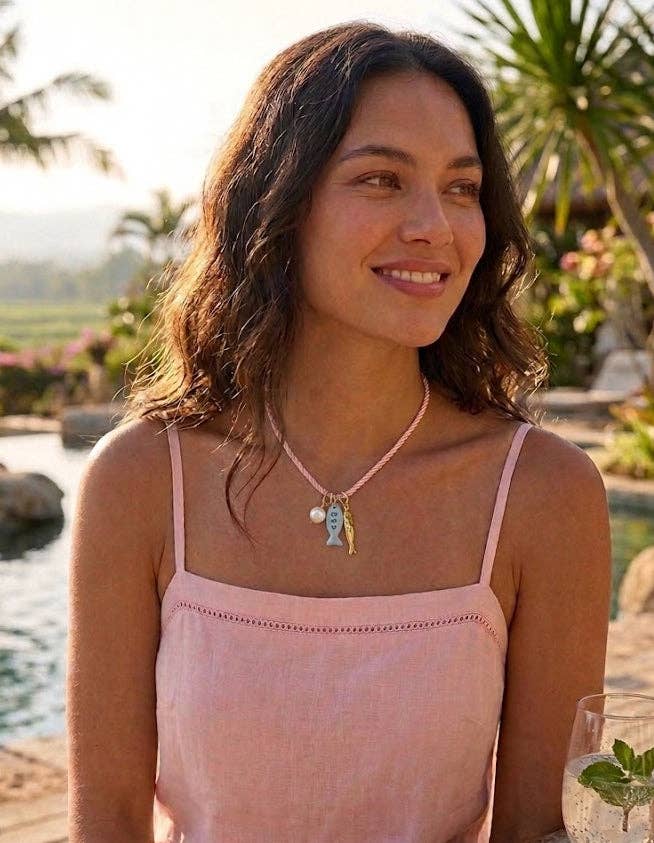 Beach Mode Coastal Pink Lagoon Rope Pearl Charm Necklace