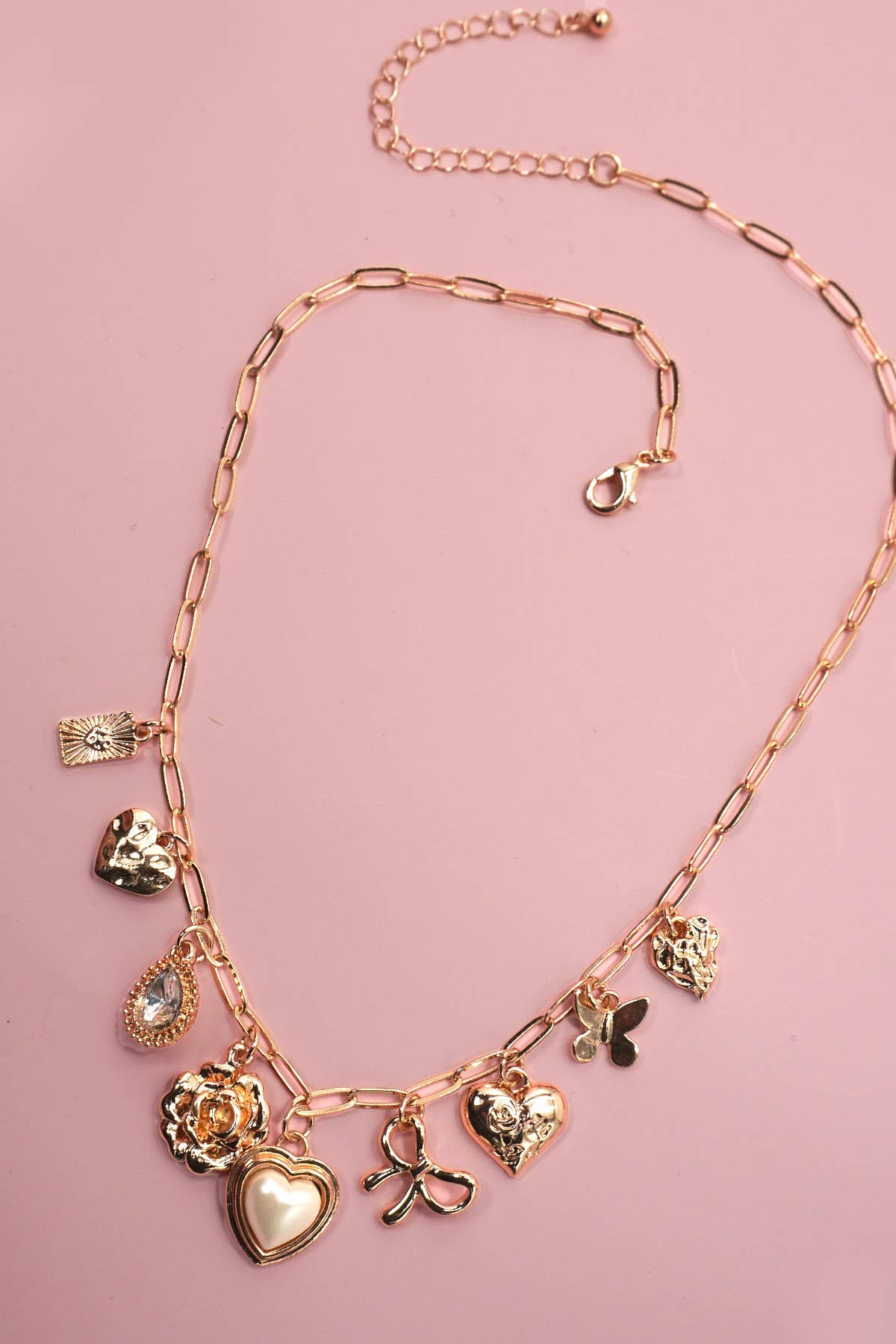 Bow Heart & Rhinestones Charm Necklace