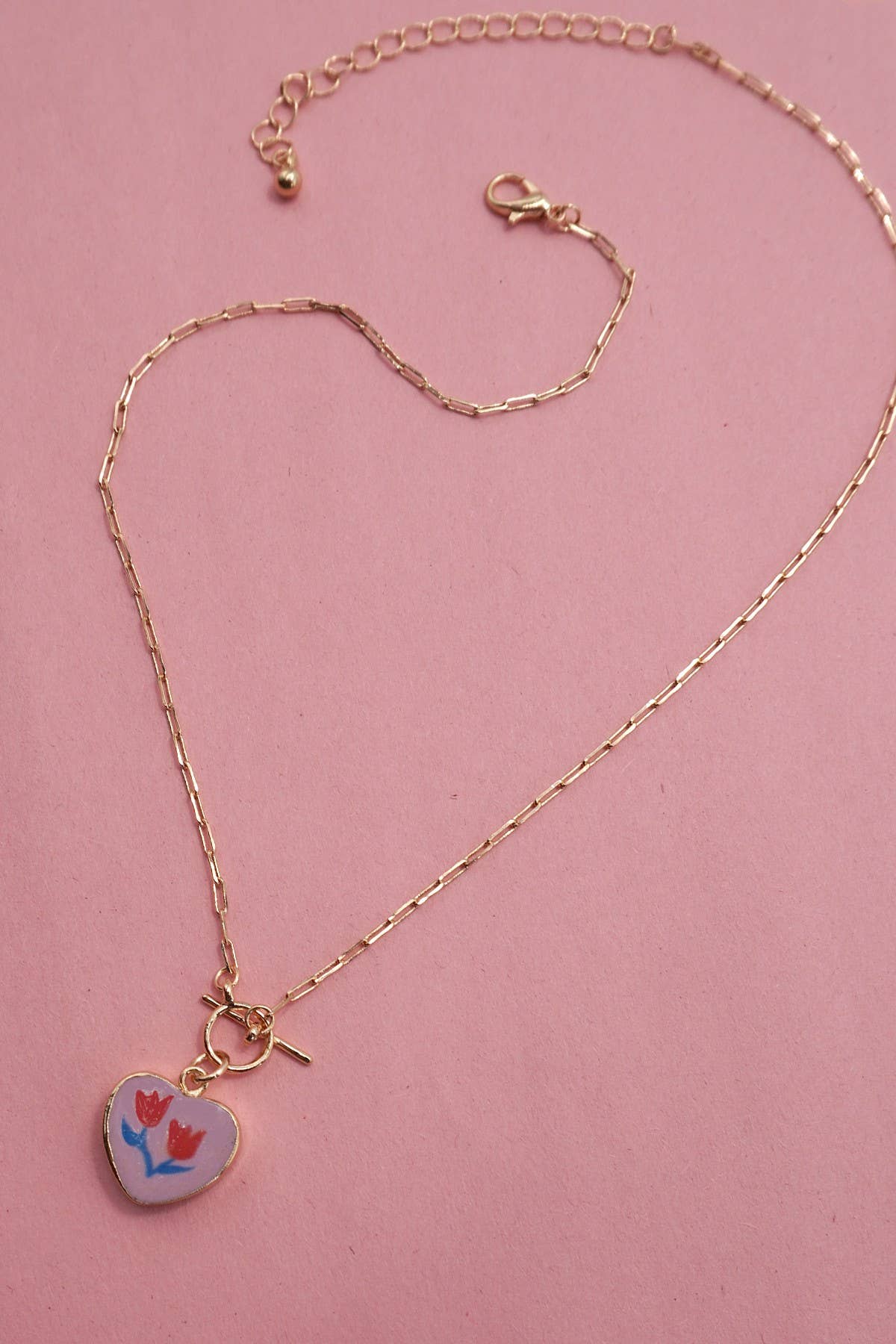 PORCELAIN FLOWER HEART CHARM TOGGLE NECKLACE