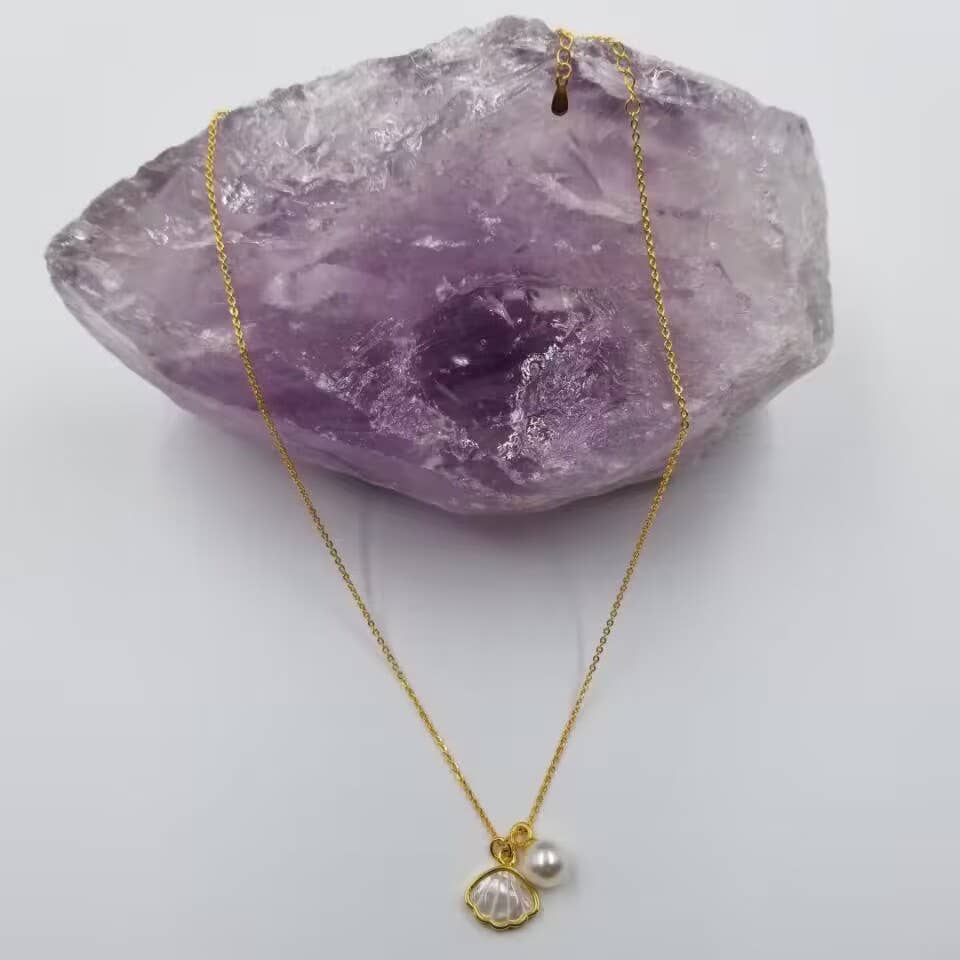 Gold Plated Shell and Pearl Necklace