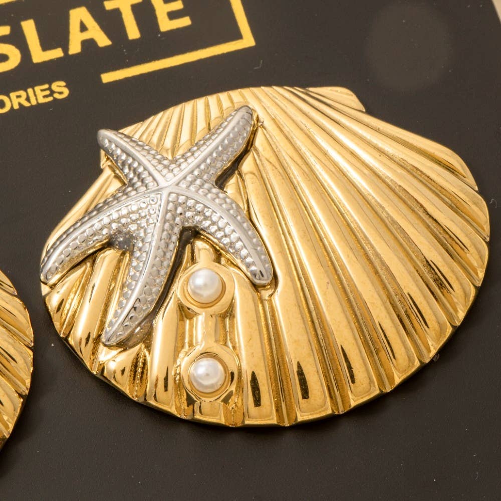 Gold Dipped Two Tone Starfish And Shell Large Stud Earrings