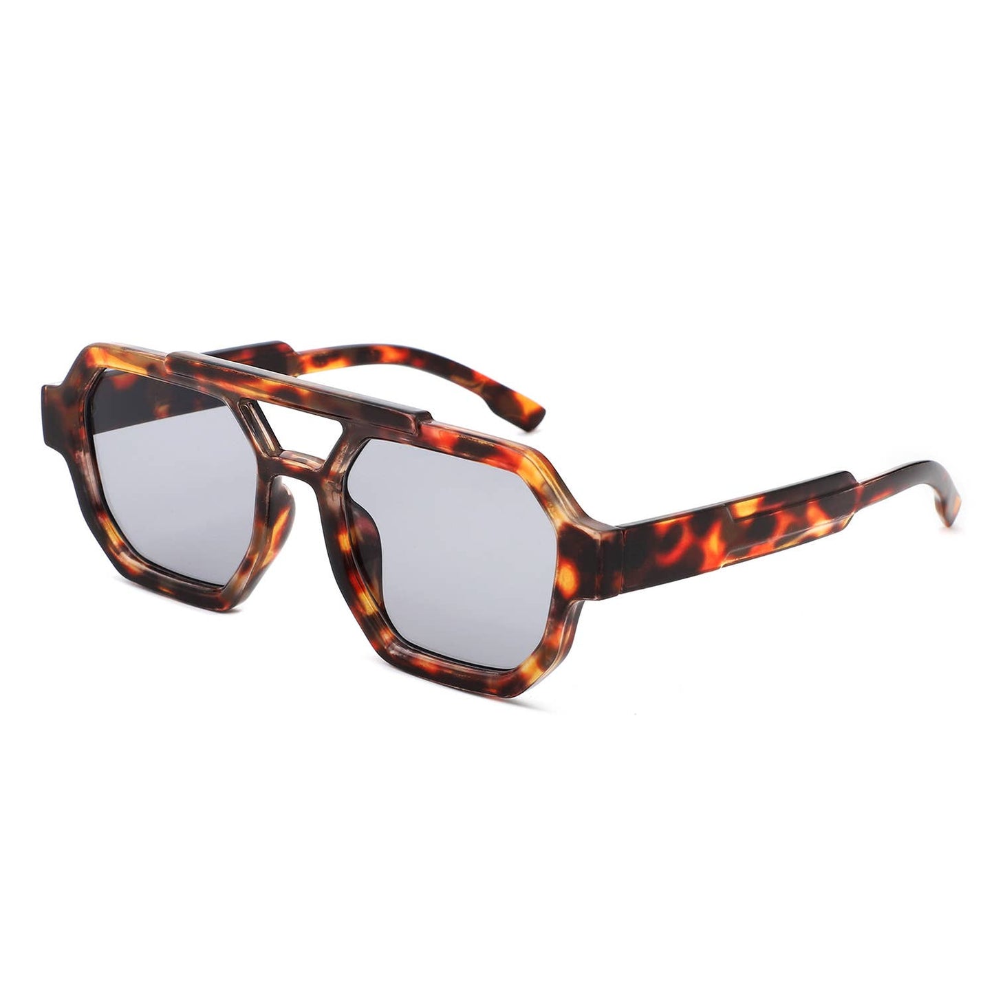 Square Geometric Block Aviator Brow-Bar Sunglasses