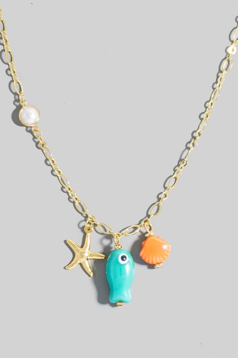 Starfish Pearl Clam And Fish Charms Chain Necklace