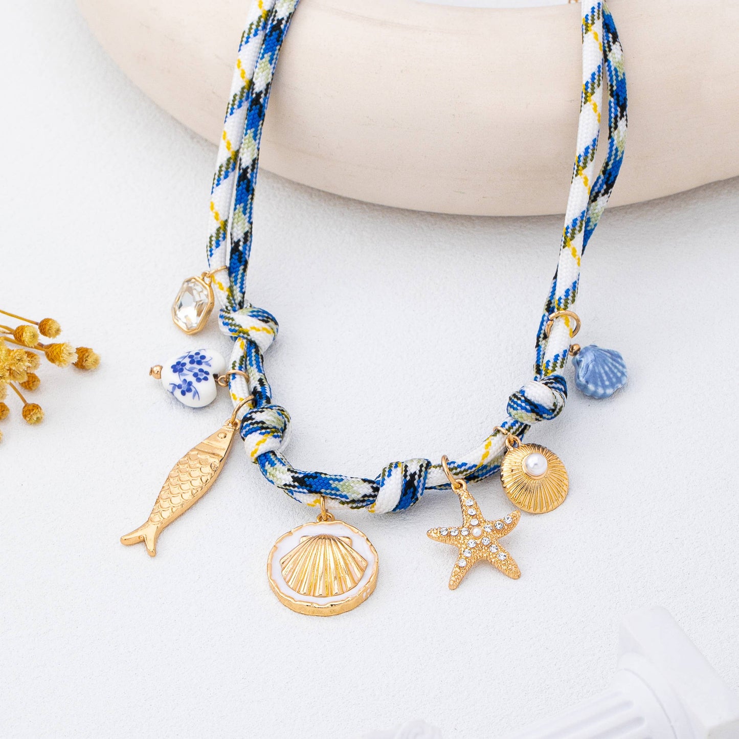 ROPE CHARM NECKLACE-STARFISH SEASHELL CLOISONNE