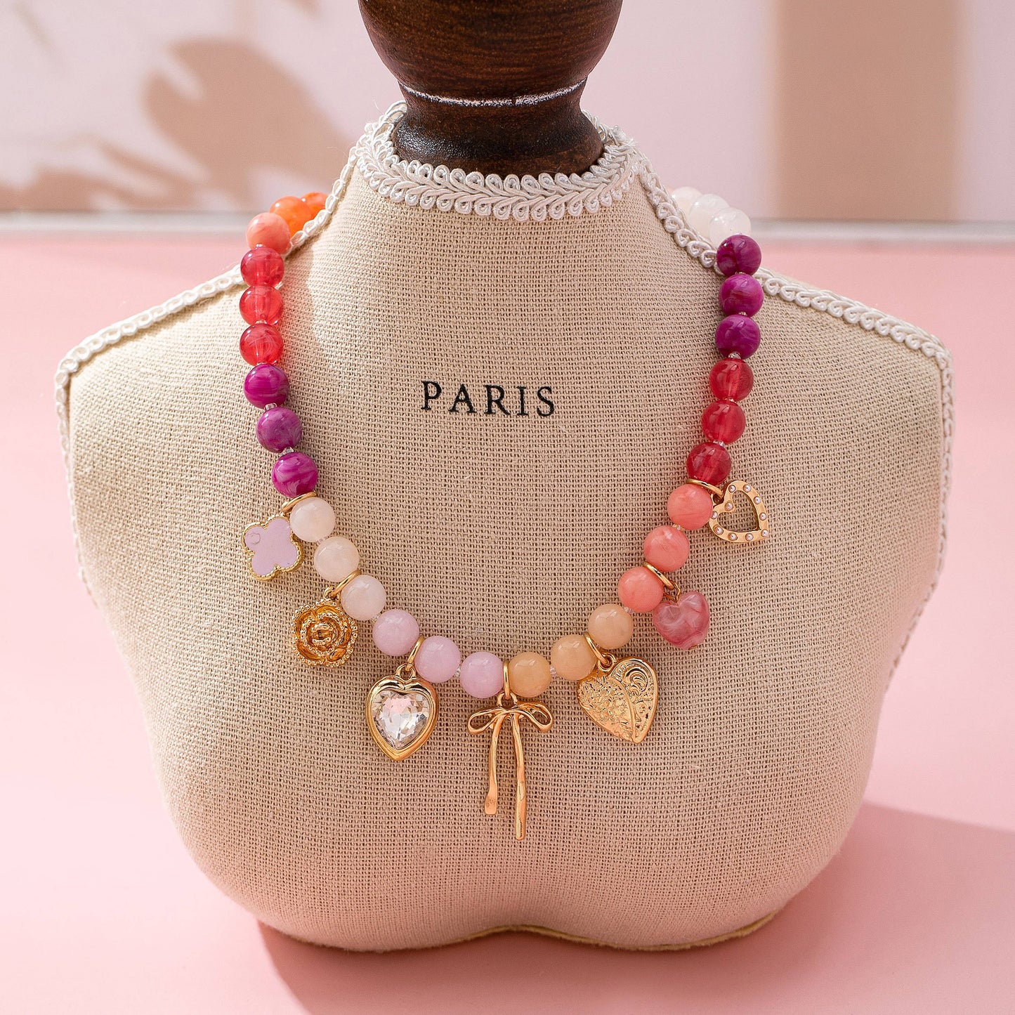 Pastel Beaded Bow Heart Flower Charm Necklace | 80N92704