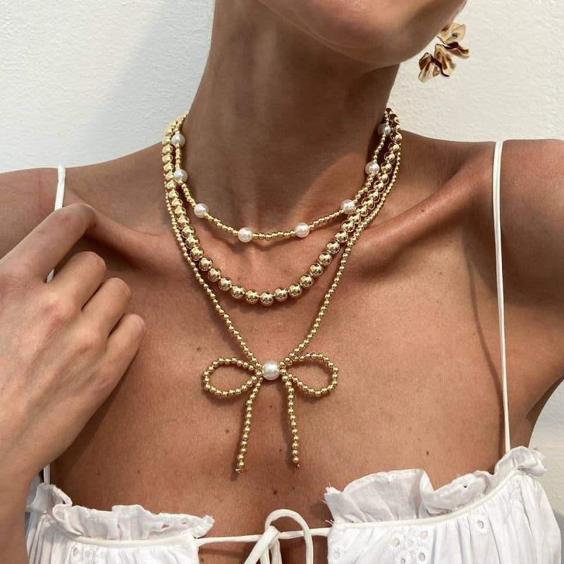 Multilayer Bow & Pearl Necklace
