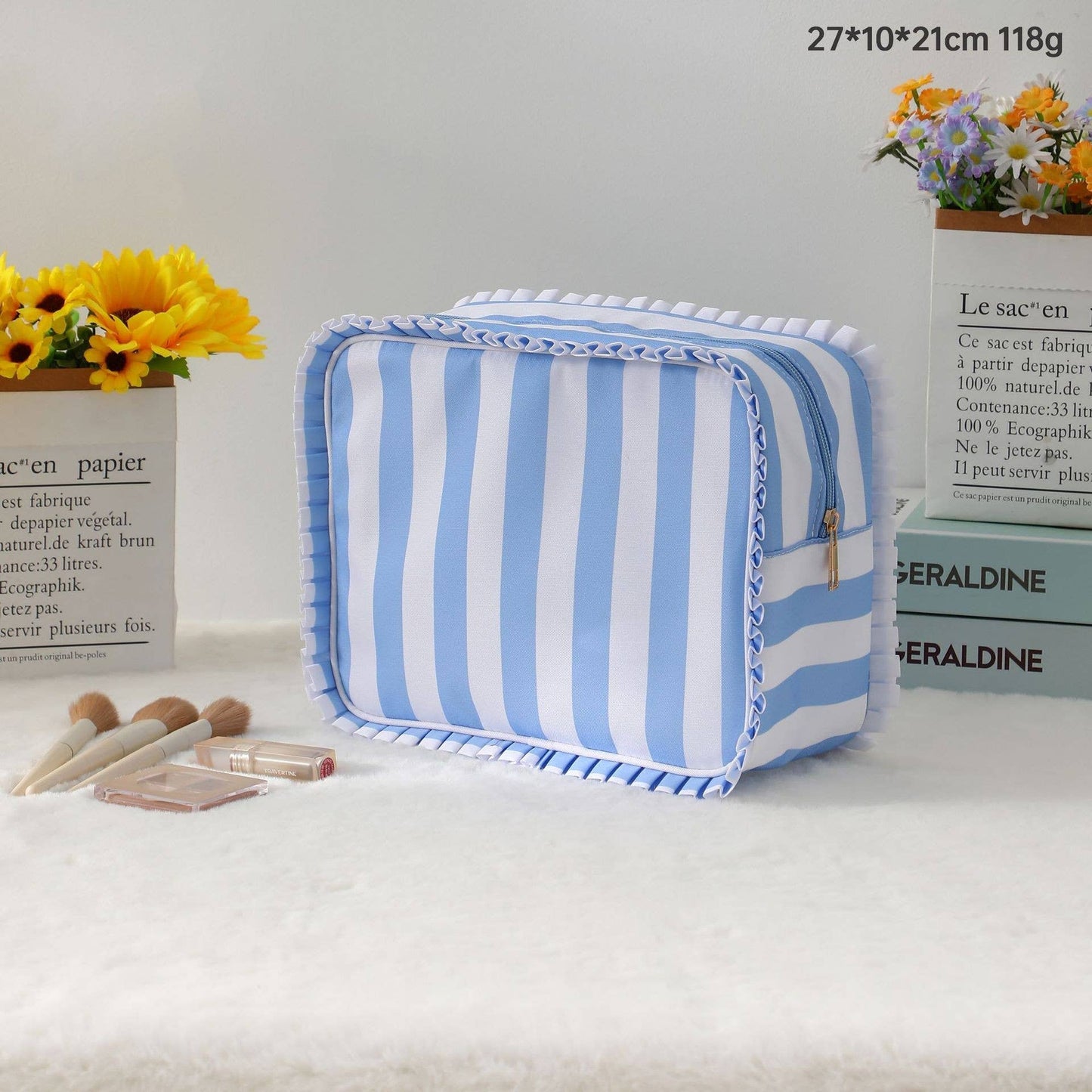 Ruffle Checker Striped Cosmetic Bag