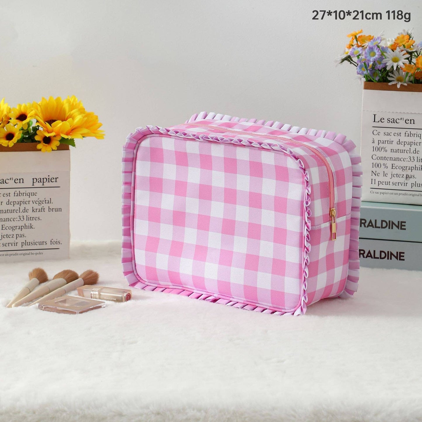 Ruffle Checker Striped Cosmetic Bag