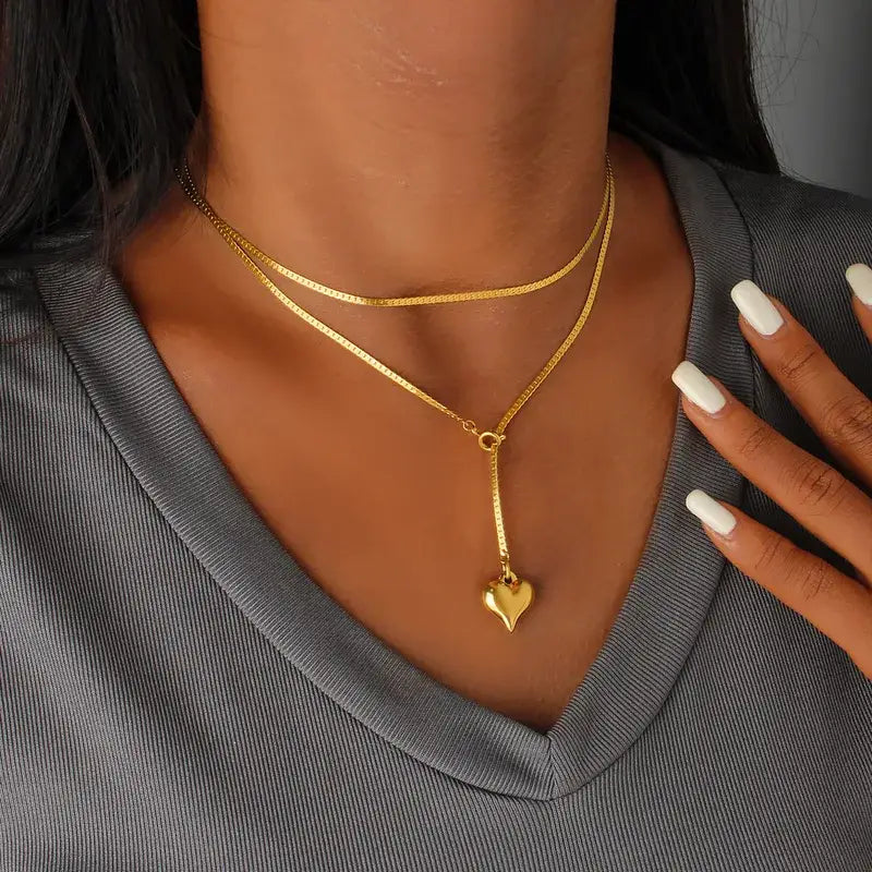 Stainless Steel Sweater Chain Necklace with Heart Jewlery