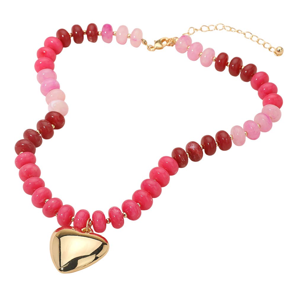 18K Gold Dipped Puffy Heart Pendant Chunky Resin Disc Beaded Necklace