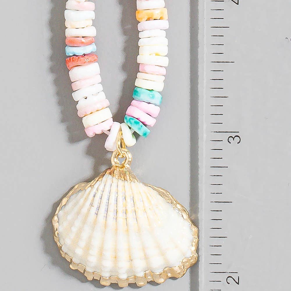Metallic Dip Clam Shell Pendant Disc Beaded Necklace