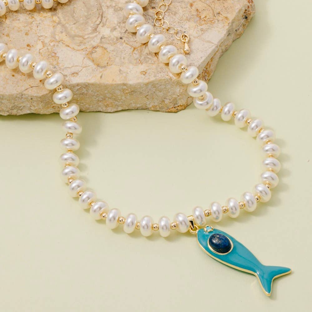 Enamel Fish Pendant Pearl Beaded Necklace