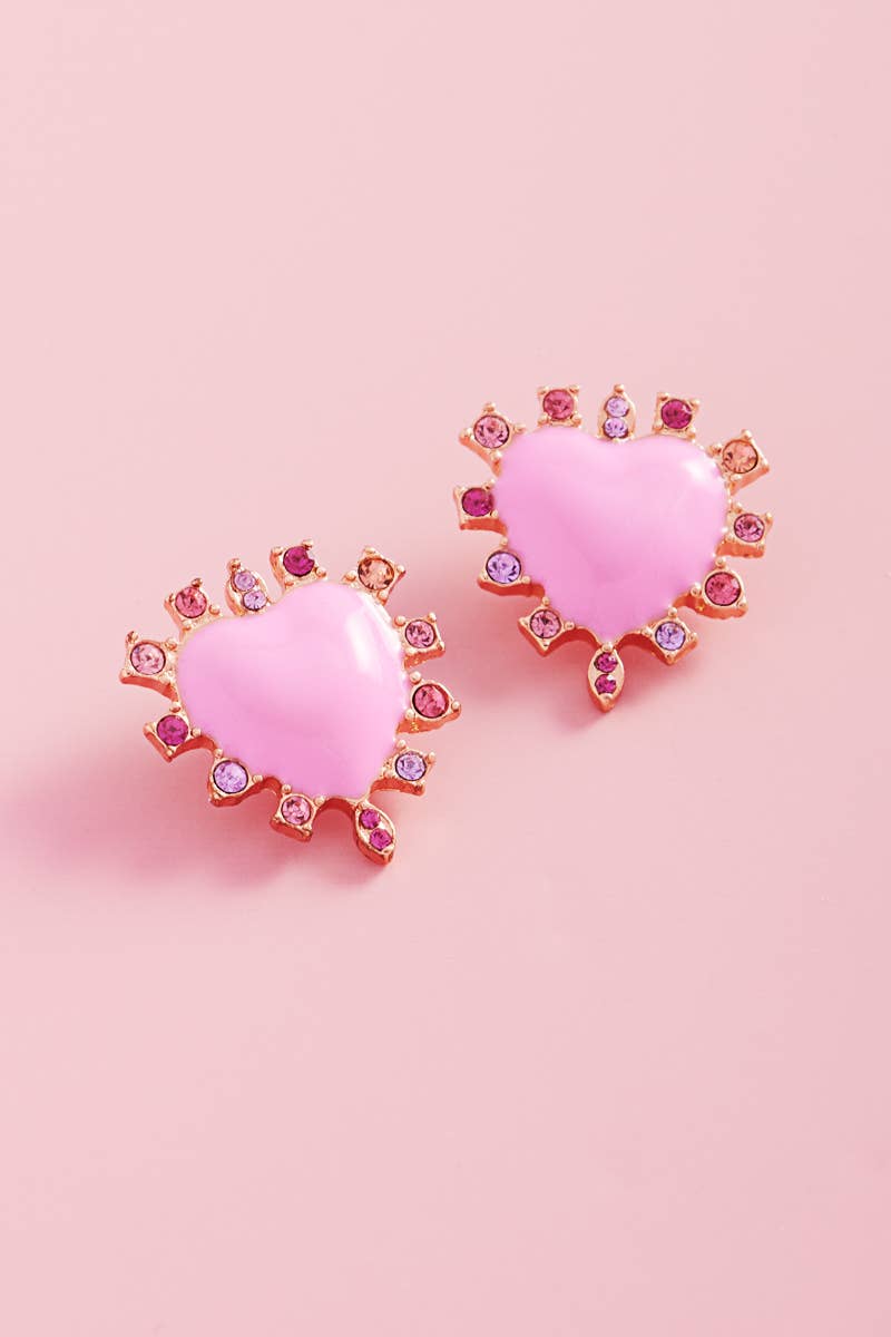 Valentines Heart Enamel Color Stones Post Earrings