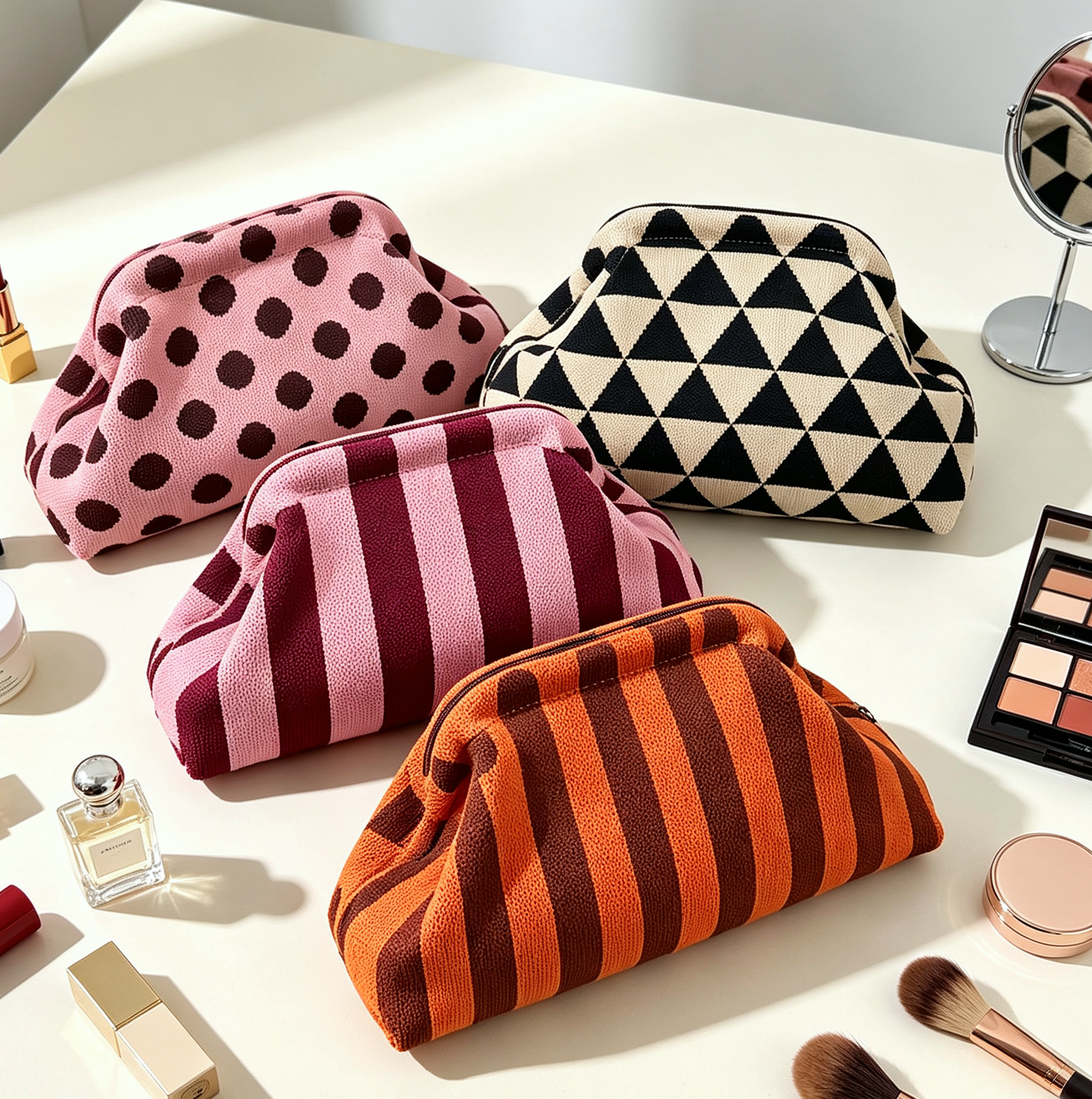 Stripe Knit Cosmetic Bag Geo Pattern Storage Clutch