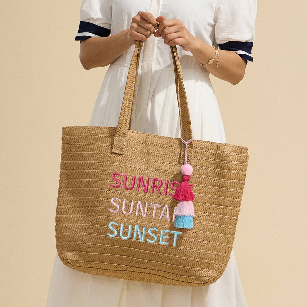 Raffia SUNRISE SUNTAN SUNSET Message Embroidered Summer Tote