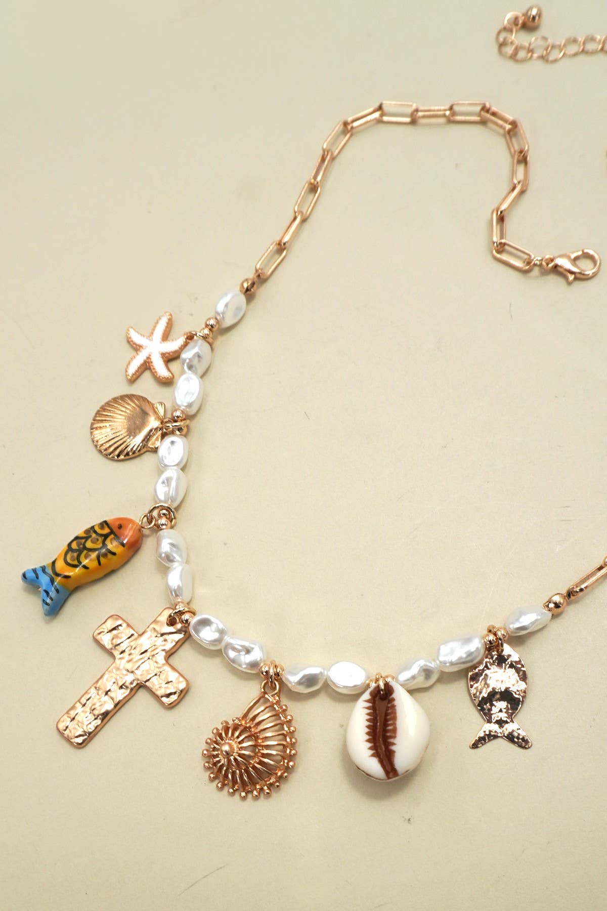 Porcelain Fish Cross Pearl Charm Necklace