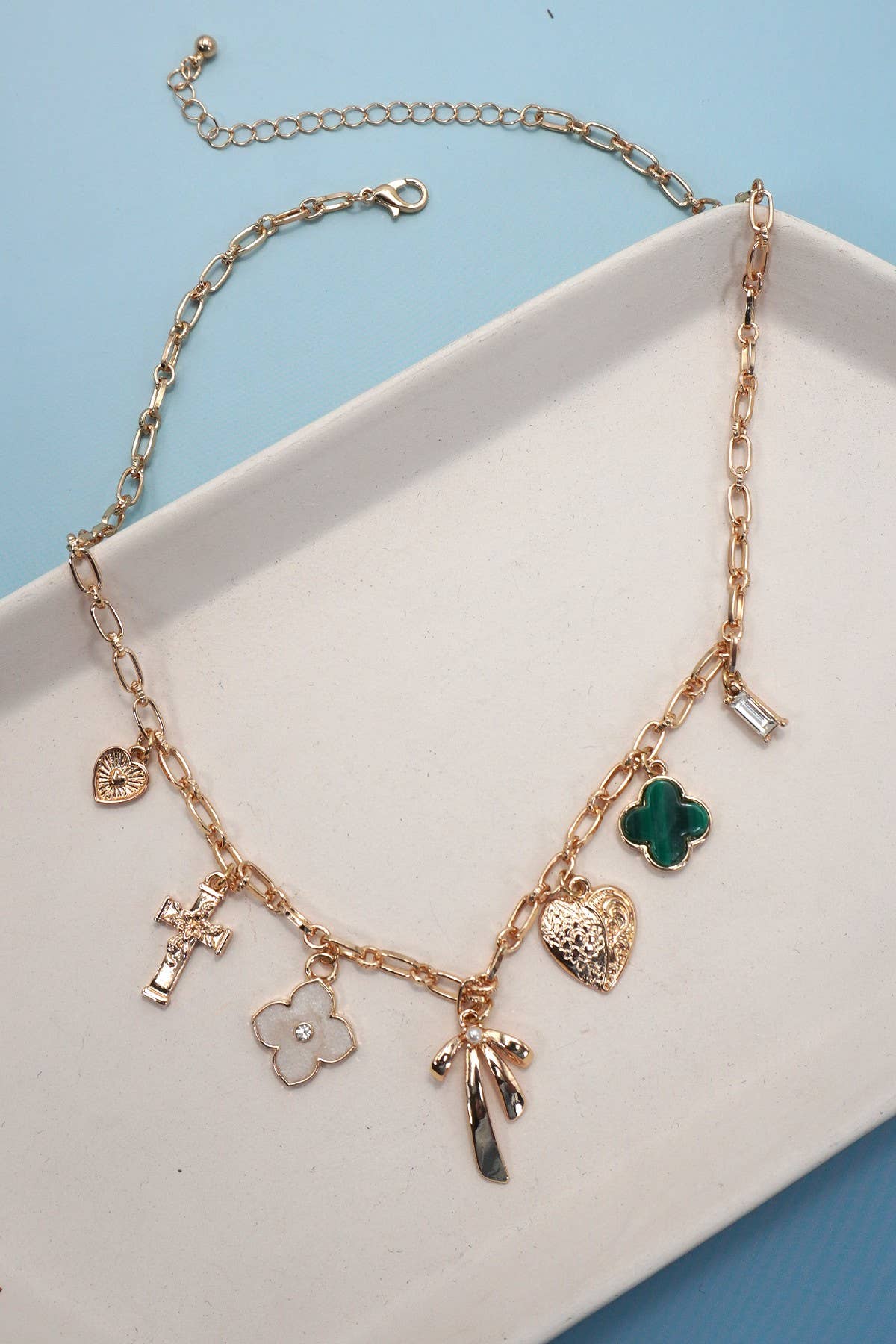 Bow Cross Heart Green Clover Charm Necklace