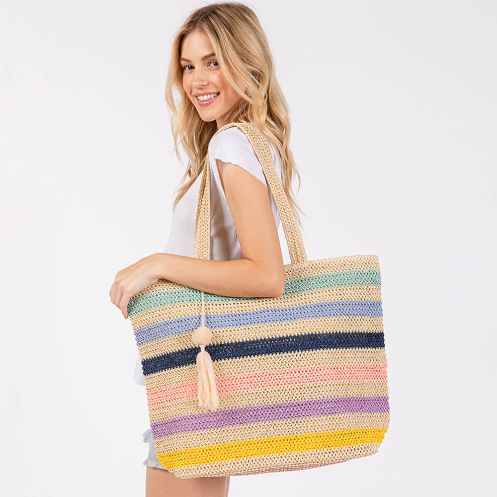 Pom Pom Tassel Multi Color Straw Crochet Tote Bag Beach Bag