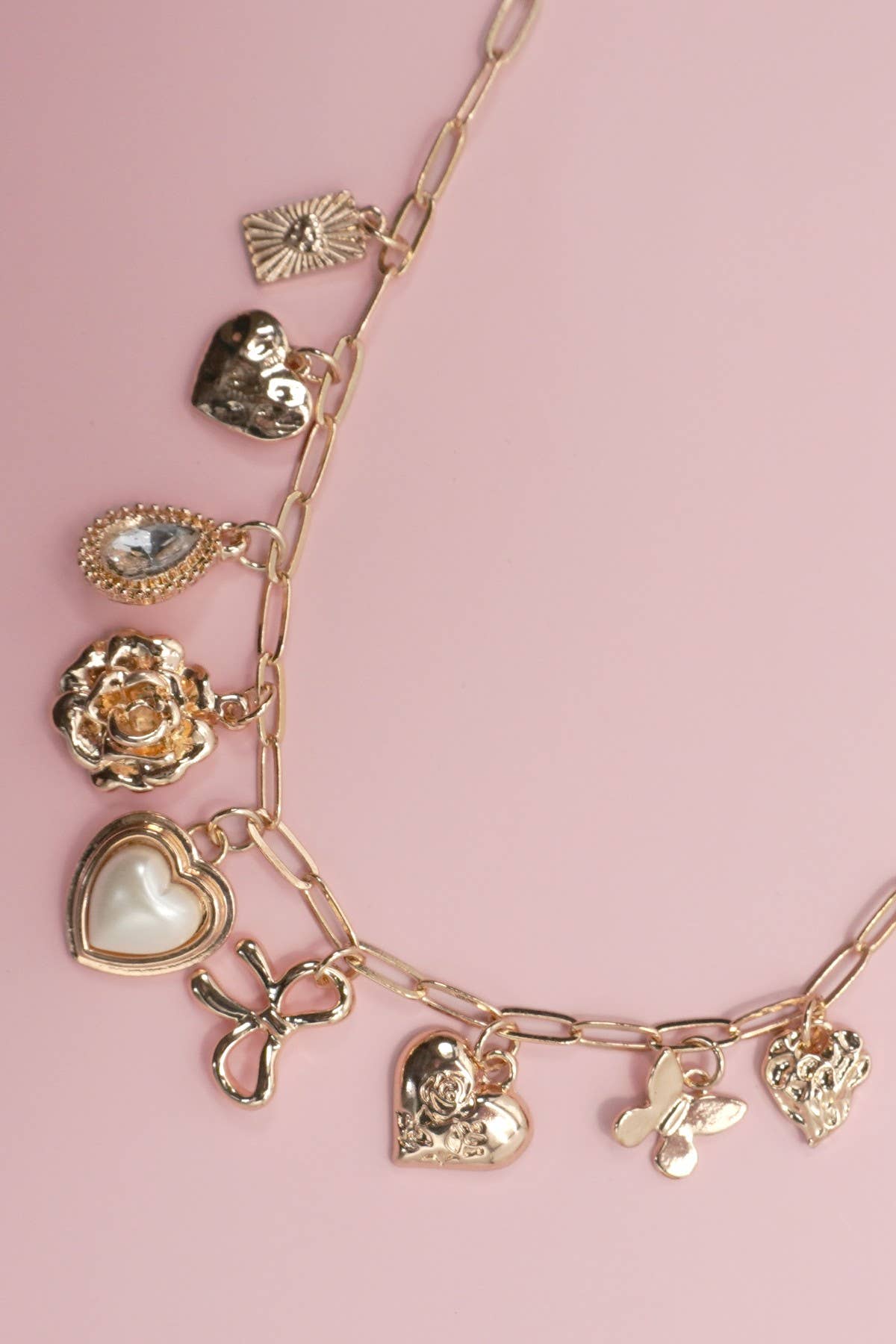 Bow Heart & Rhinestones Charm Necklace