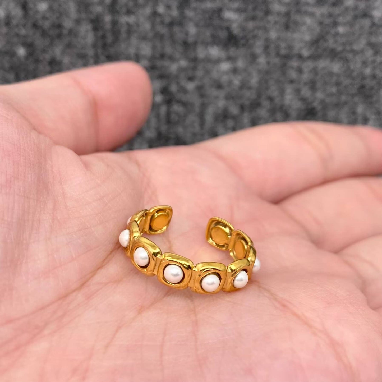 18K Golden Stainless Steel Adjustable Ring With Pearls - FGS
