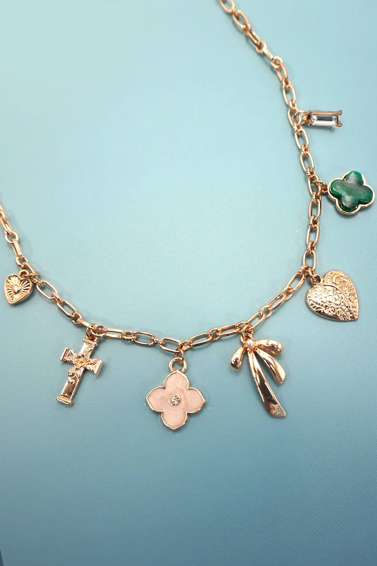 Bow Cross Heart Green Clover Charm Necklace