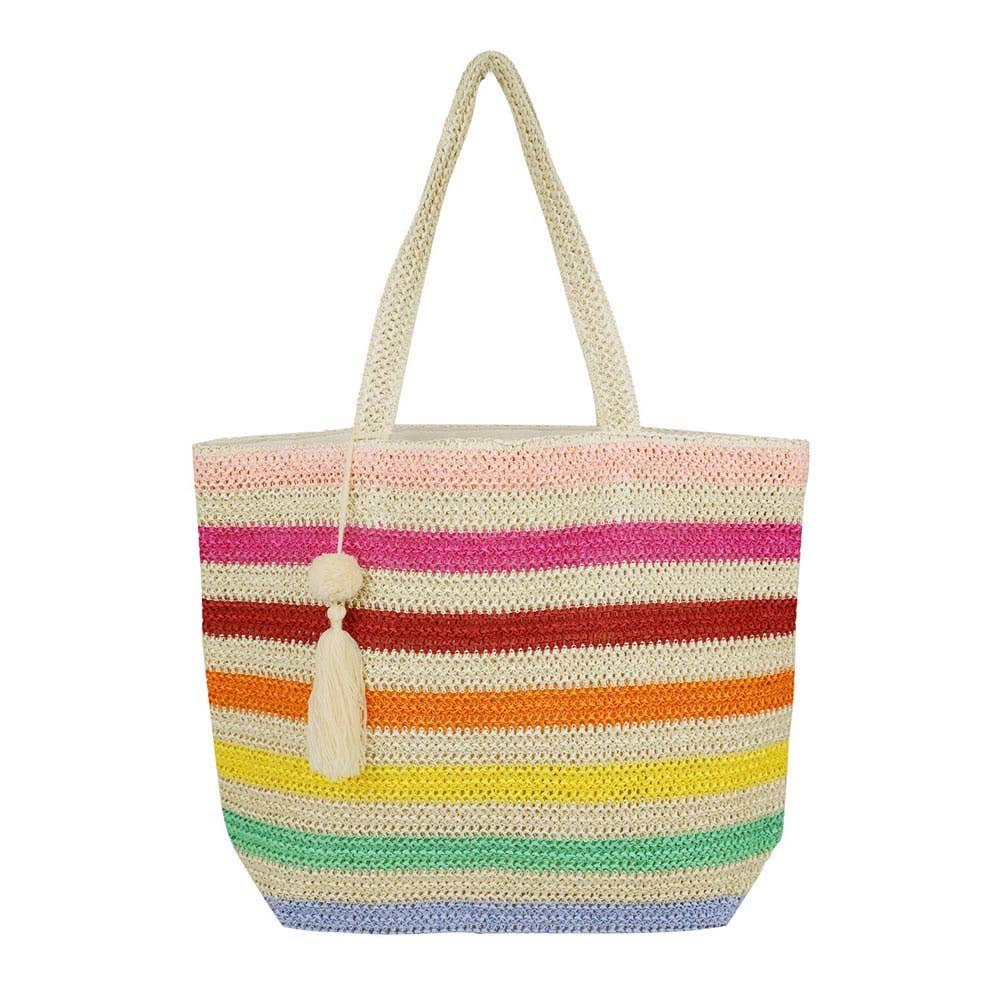 Pom Pom Tassel Multi Color Straw Crochet Tote Bag Beach Bag
