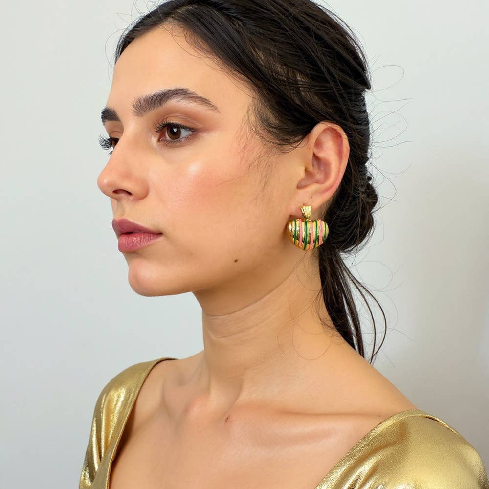 14K Gold Dipped Enamel Striped Heart Dangle Earrings