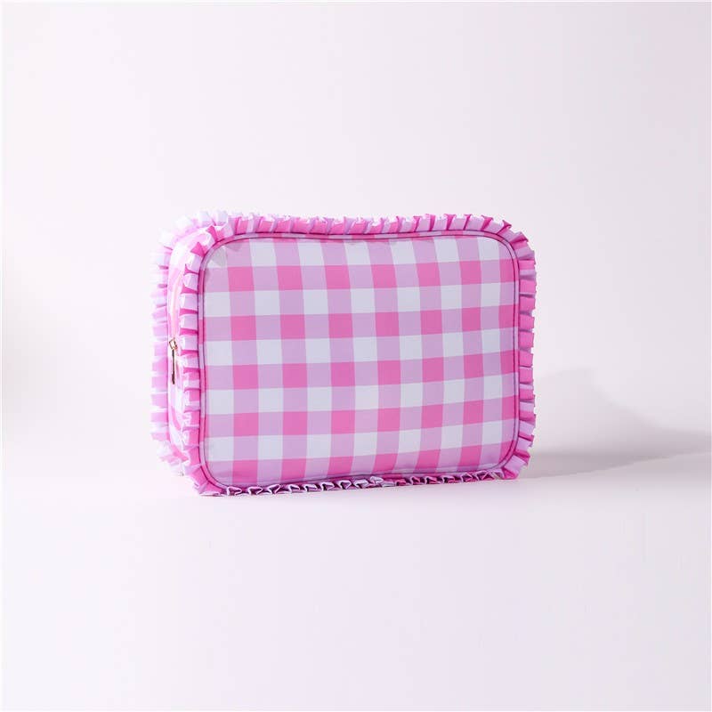 Ruffle Checker Striped Cosmetic Bag