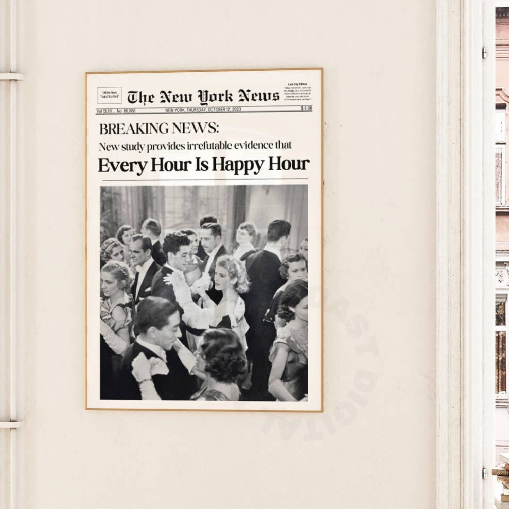 Every Hour Is Happy Hour Retro Newspaper Wall Art Prints