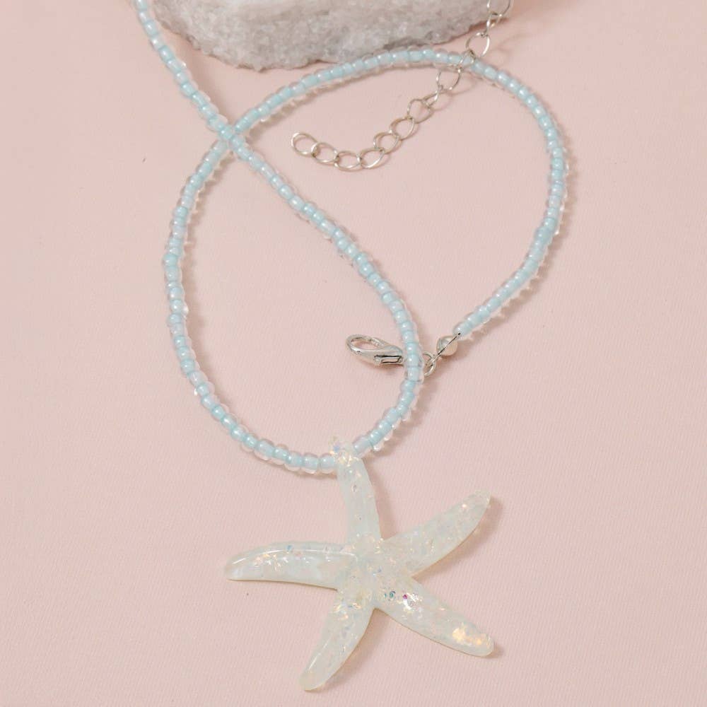 Iridescent Starfish Pendant Beaded Necklace